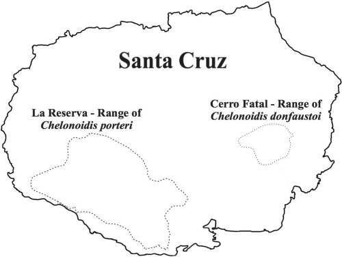 5 - 6 DAY GALAPAGOS NATIONAL PARK ADVENTURE TOURS COSTS [2026]: Distribution map of the Eastern Santa Cruz Tortoise, Chelonoidis nigra donfaustoi.